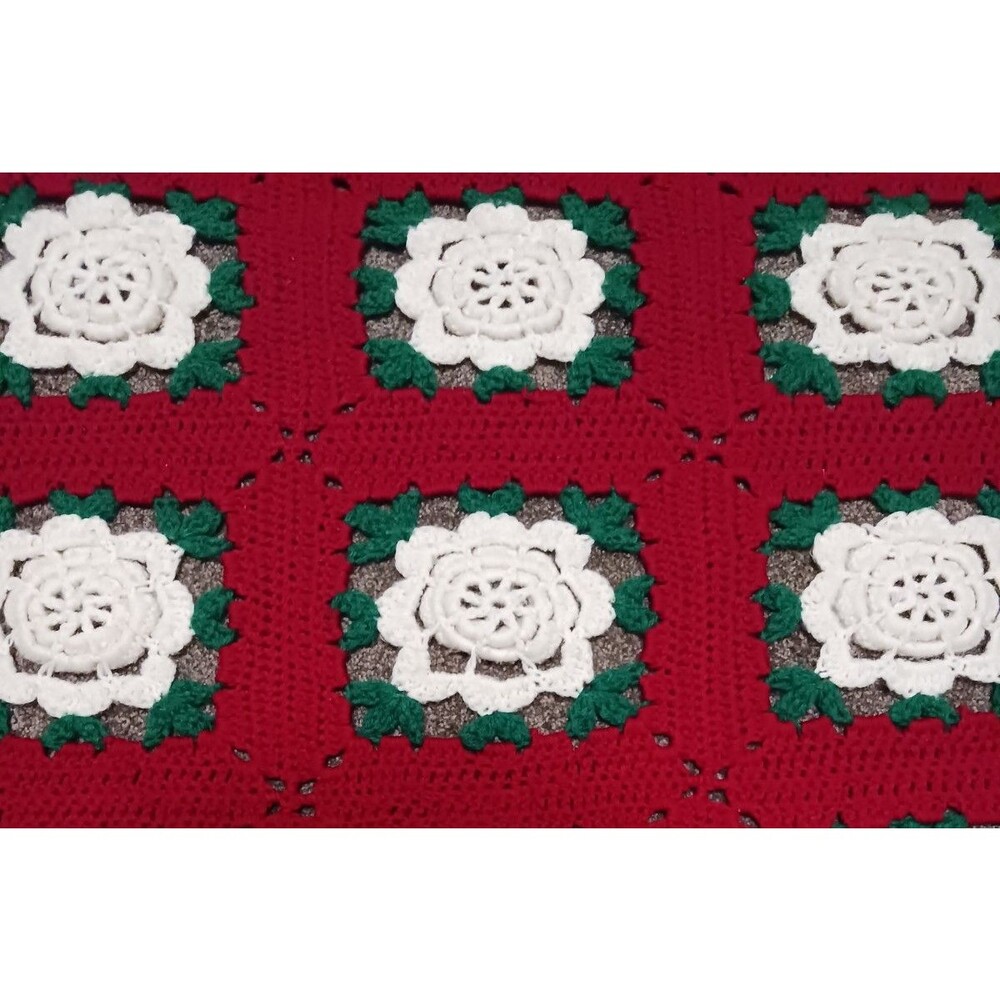 VTG Hand Made Crochet 3D Flower Afghan Throw Blanket 34"X78" Granny Square Roses - Picture 5 of 5
